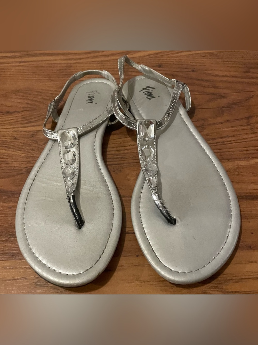 Fioni Silver Jeweled Clear Rhinestone Crystals T-Strap Flat Sandals